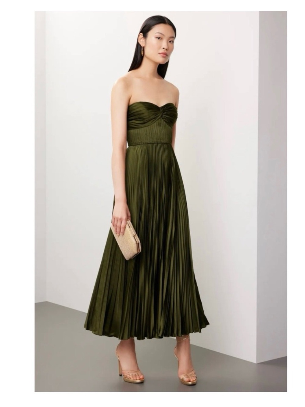 AMUR Belle Strapless Maxi Dress 14 Olive Satin Pleated Flowy Wedding Guest
